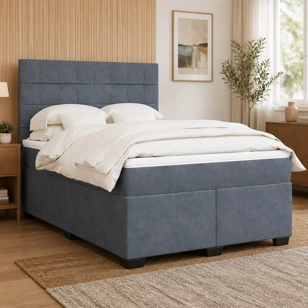 Queen Box Spring Bed with Pocket Spring Mattress Adjustable Headboard Grey Velvet