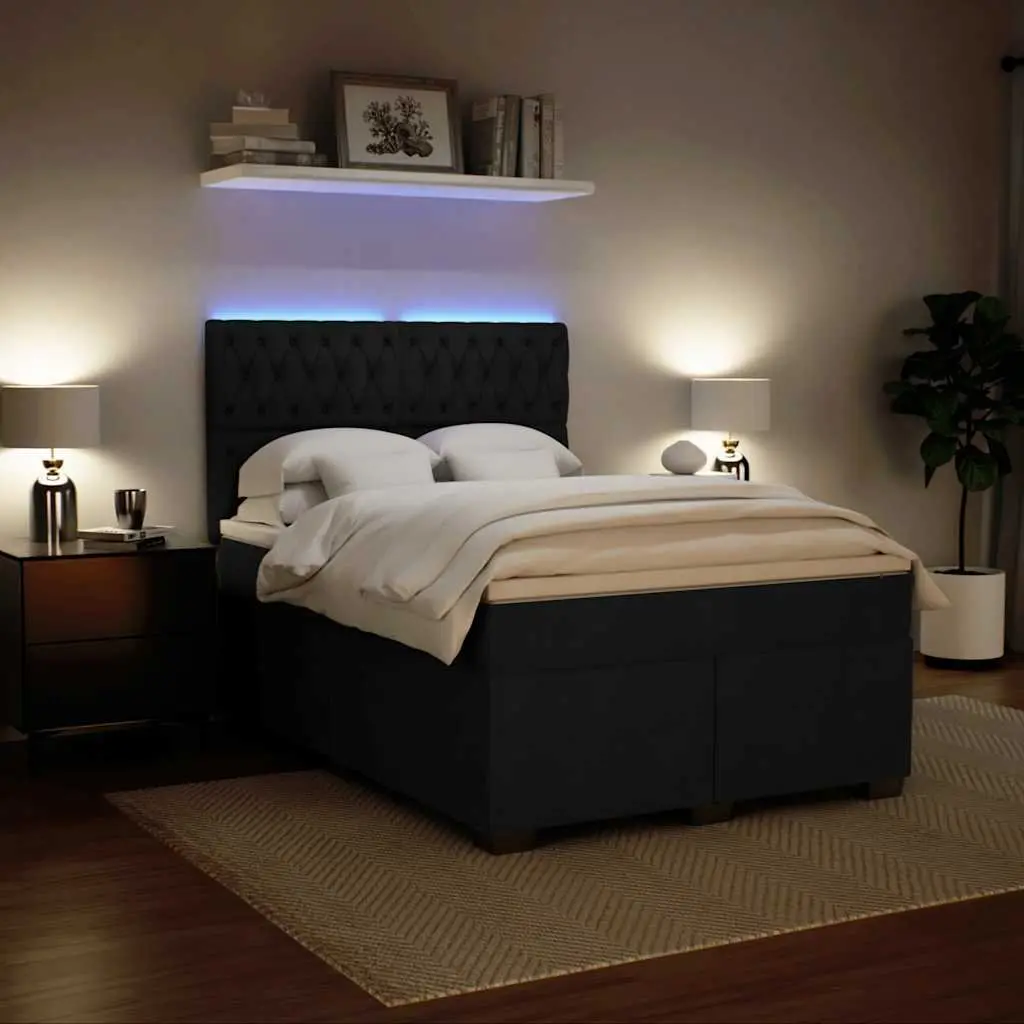 Queen Size Box Spring Bed Velvet Fabric Pocket Spring Mattress Adjustable Headboard LED Lights