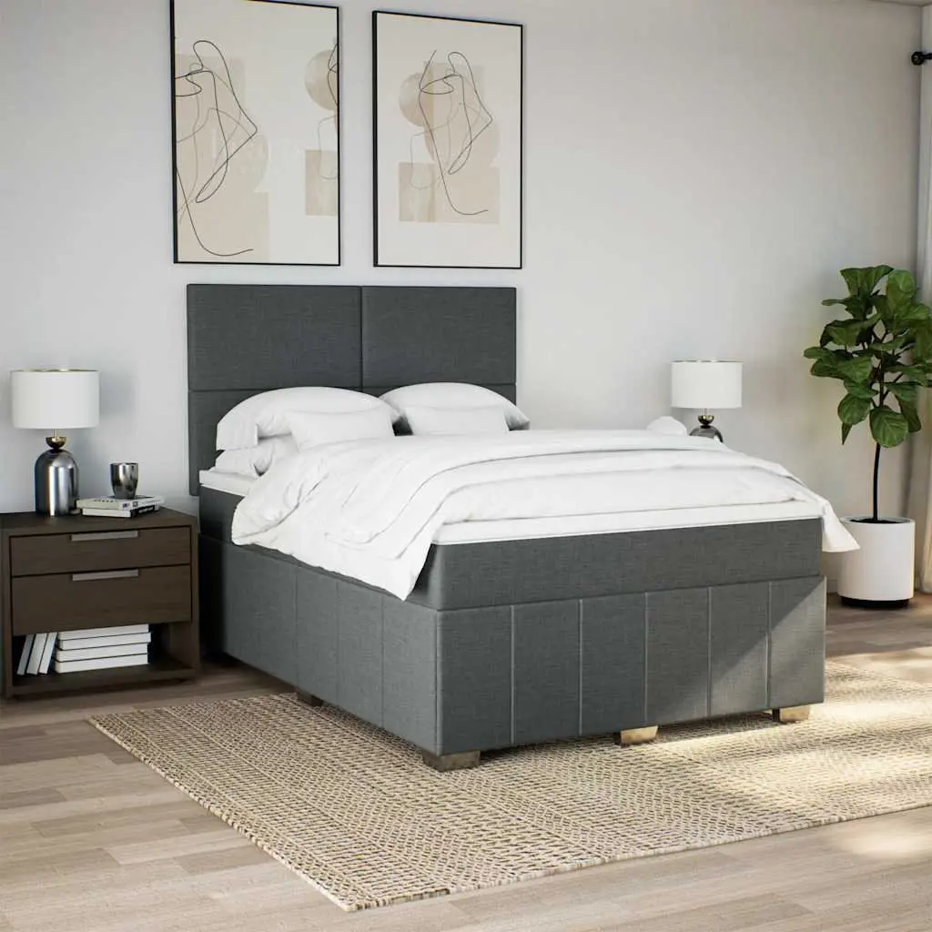 Queen Box Spring Bed Pocket Spring Mattress Adjustable Headboard LED Lights Grey Fabric