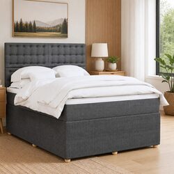 Queen Box Spring Bed with Pocket Spring Mattress LED Lights Grey Fabric