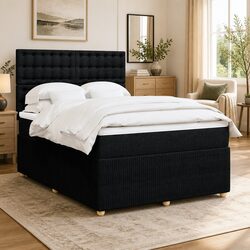Queen Box Spring Bed with Pocket Mattress LED Lights Adjustable Headboard Black