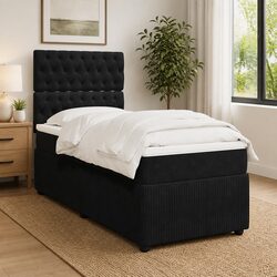 Box Spring Bed with Pocket Spring Mattress King Single Black Velvet LED Lights