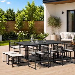 Garden Dining Set 11 Piece Outdoor Furniture Black Poly Rattan with Cushions