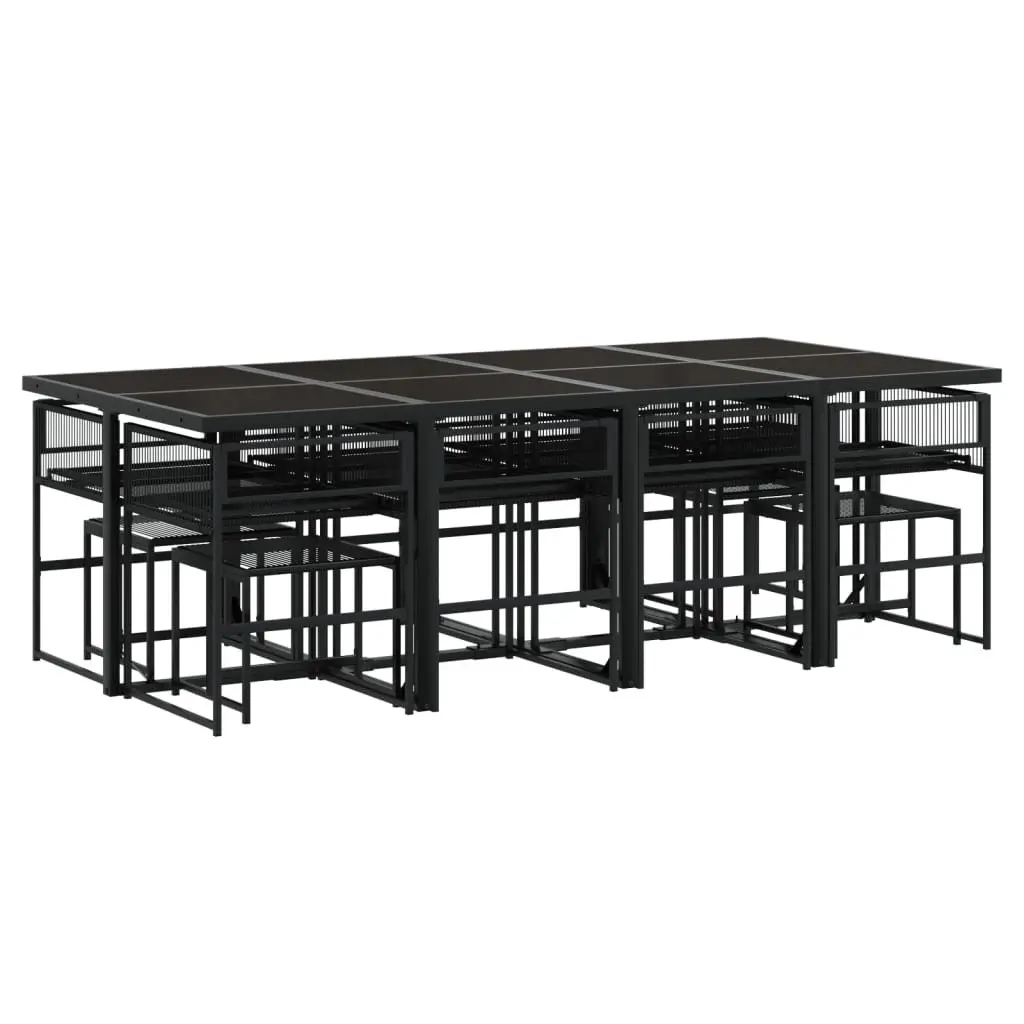 Outdoor Garden Dining Set 13 Piece Durable PE Rattan Table with Tempered Glass Top Black Chairs and Cushions
