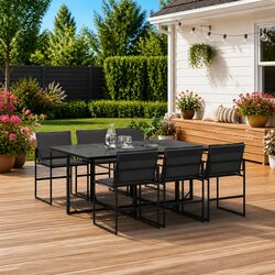 7 Piece Outdoor Dining Set Black Textilene Chairs Tempered Glass Table Patio