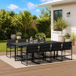 9 Piece Outdoor Dining Set with Cushions Black Textilene Folding Chairs Glass