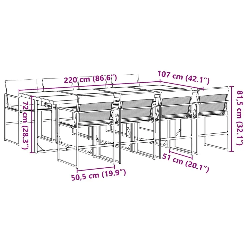 9 Piece Outdoor Dining Set with Cushions Folding Chairs Glass Top Black Textilene
