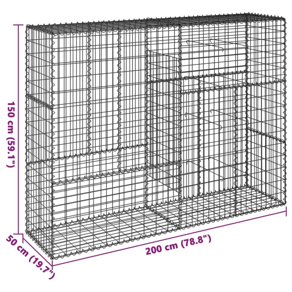 Gabion Basket Silver Metal Wire Cage 200x50x150 cm Garden Retaining with Cover