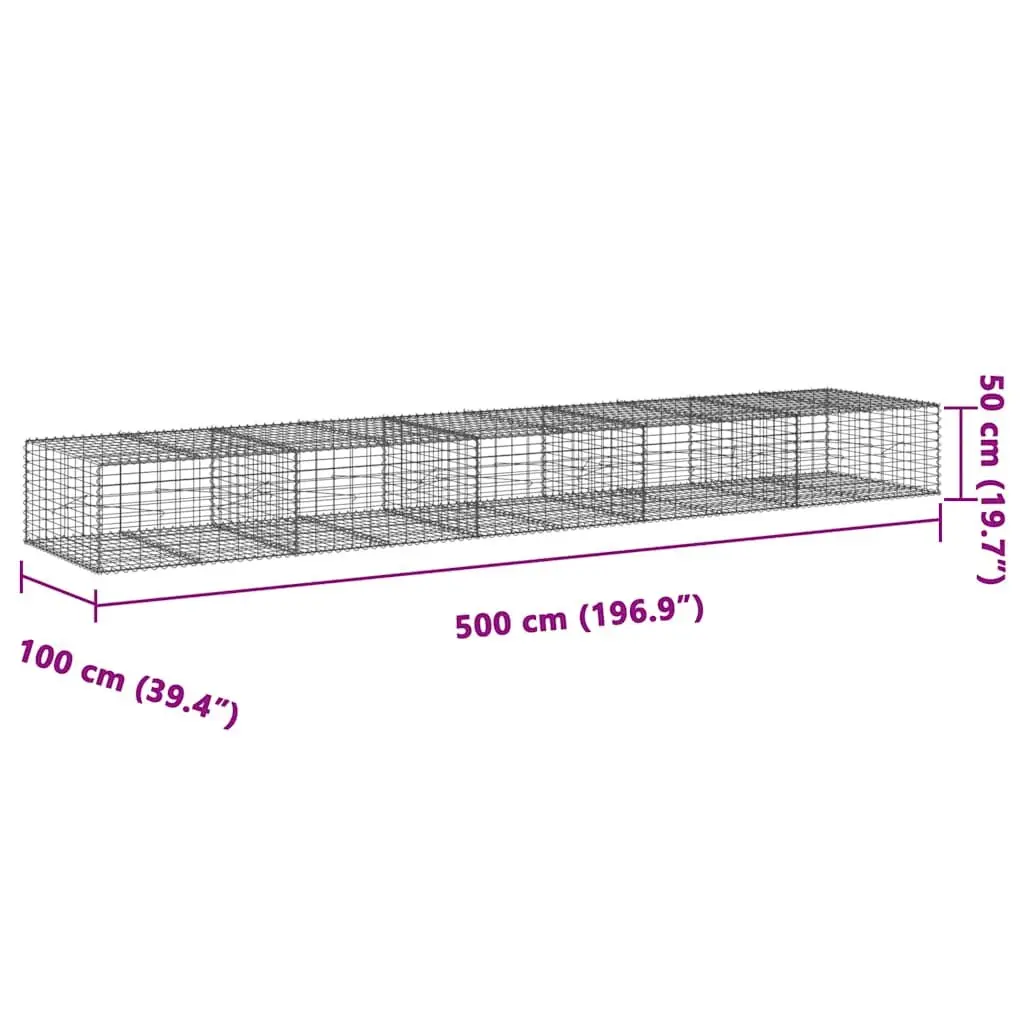 Gabion Basket with Cover 500x100x50 cm Galvanised Iron Silver Garden Retaining Wall