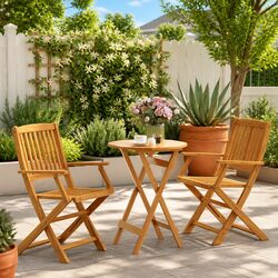 3 Piece Folding Bistro Set Solid Acacia Wood Outdoor Furniture Brown Garden