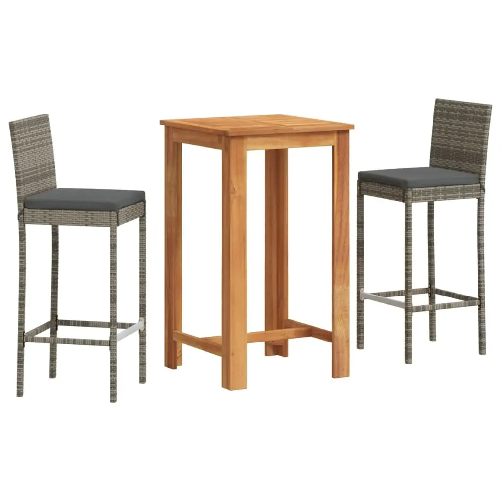 3 Piece Garden Bar Set Grey Acacia Wood Table and Poly Rattan Stools