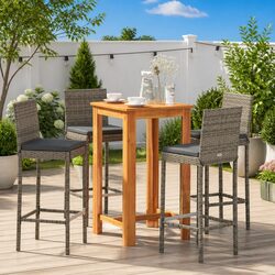5 Piece Garden Bar Set Grey PE Rattan Acacia Wood Table Stools Outdoor