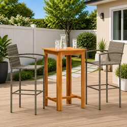 Garden Bar Set 3 Piece Grey Outdoor Furniture Dining Patio Rattan Wood Stools
