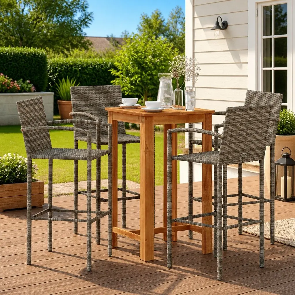 Garden Bar Set 5 Piece Grey Outdoor Bar Table and Stools Acacia Rattan Patio