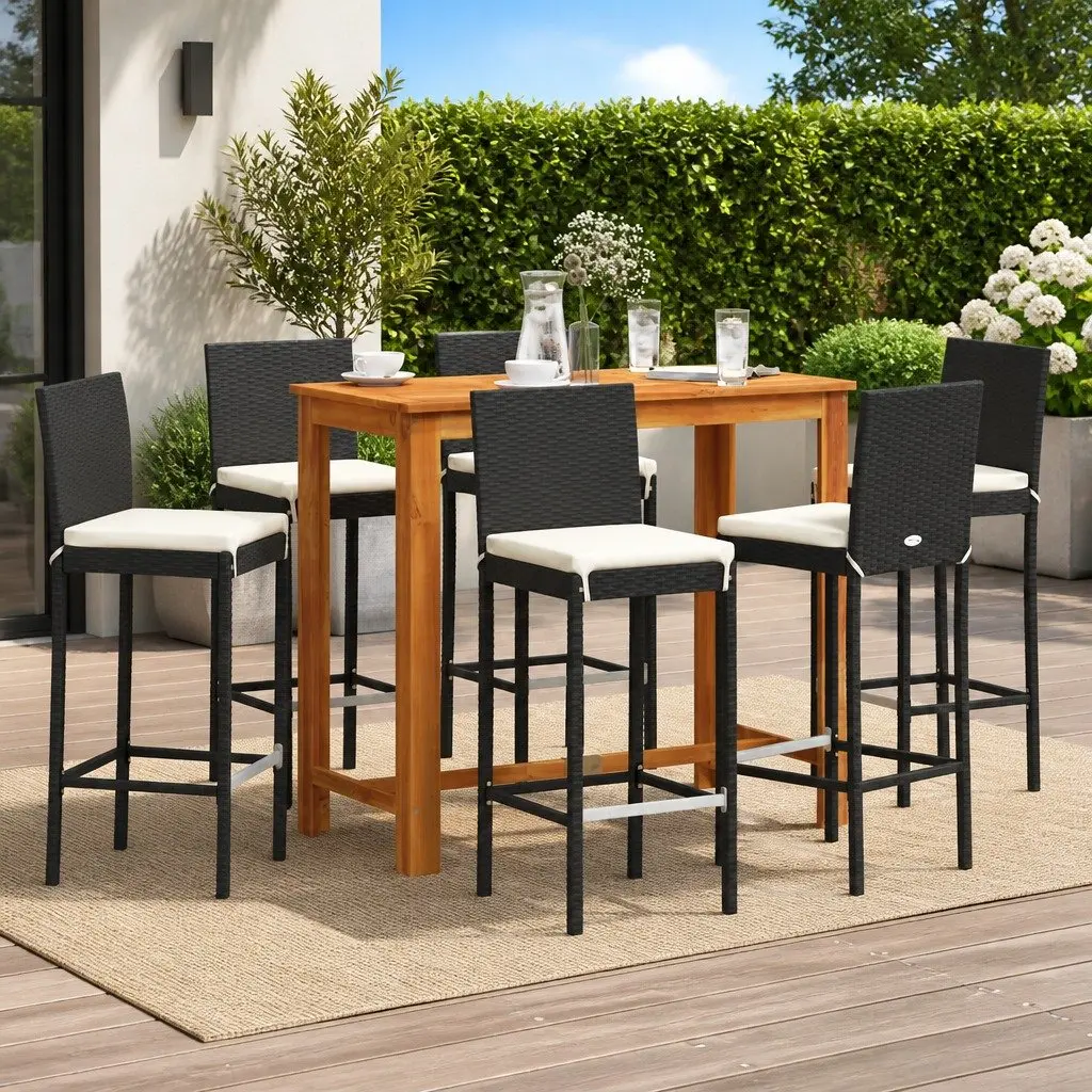 Garden Bar Set 7 Piece Outdoor Bar Table Stools Acacia Wood Poly Rattan Black
