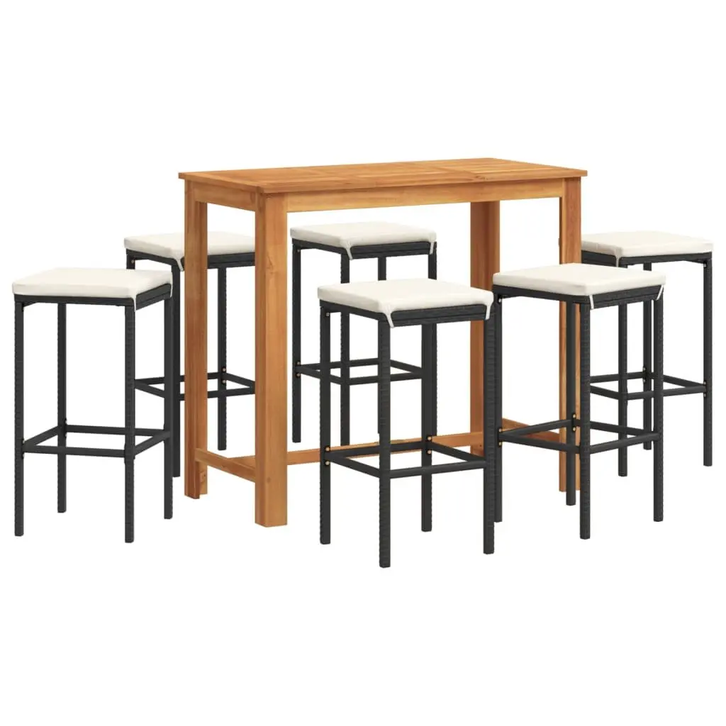Garden Bar Set 7 Piece Outdoor Poly Rattan Bar Table Stools Acacia Wood Top
