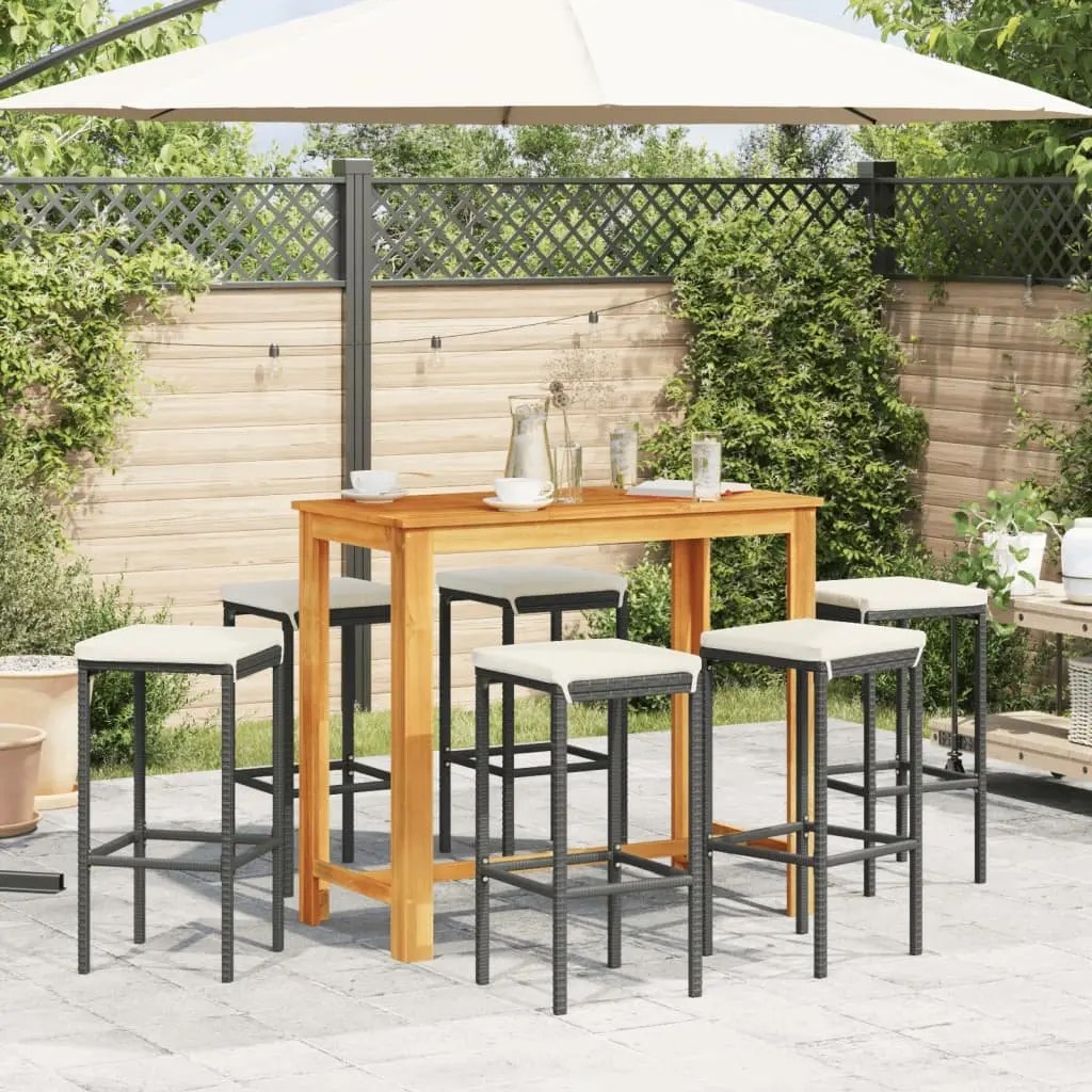 Garden Bar Set 7 Piece Outdoor Poly Rattan Bar Table Stools Acacia Wood Top