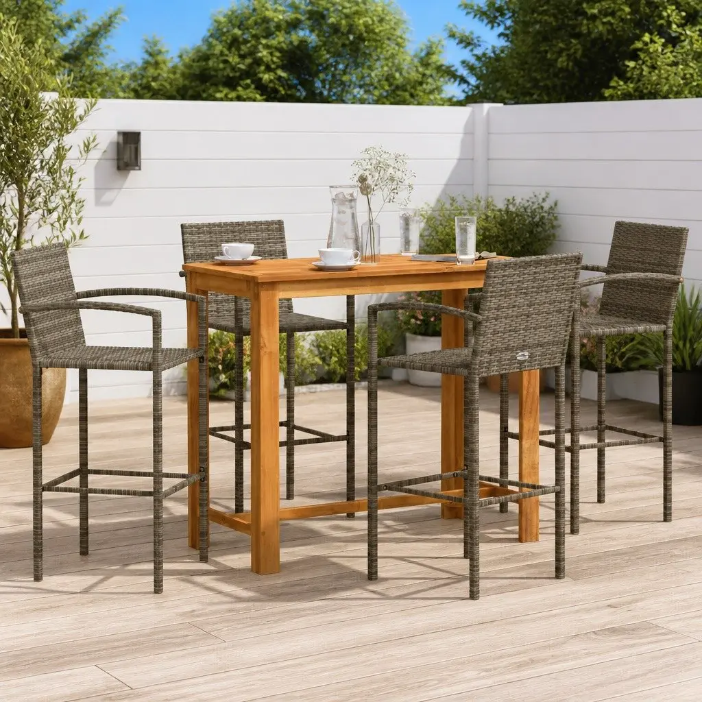 Garden Bar Set 5 Piece Grey Outdoor Bar Table and Stools Acacia Poly Rattan