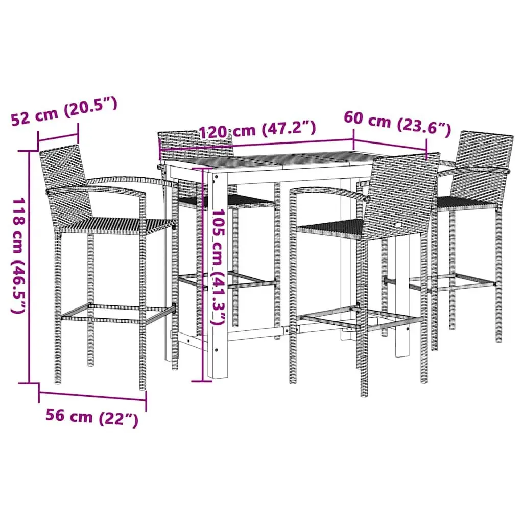 Garden Bar Set 5 Piece Grey Outdoor Bar Table and Stools Acacia Poly Rattan