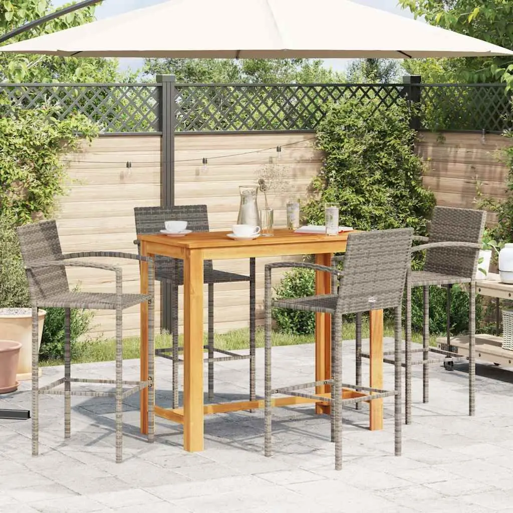 Garden Bar Set 5 Piece Grey Outdoor Bar Table and Stools Acacia Poly Rattan