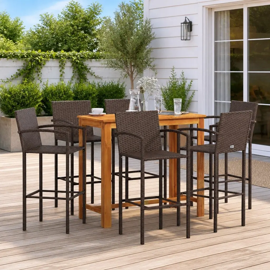 7 Piece Garden Bar Set Outdoor Bar Table Solid Acacia Wood Poly Rattan Stools Brown