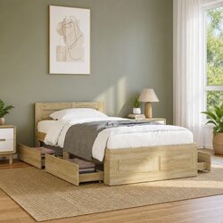 Bed Frame with Headboard Slatted Base Storage Drawers Brown Bedroom Furniture