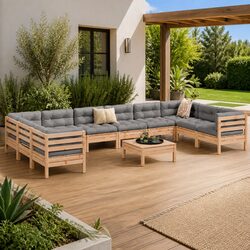 Garden Sofa Set 11 Piece Modular Outdoor Furniture with Cushions Wood Patio
