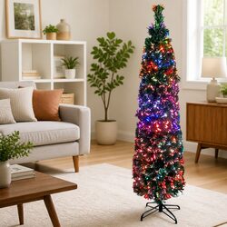 Artificial Slim Christmas Tree 150cm Fibre Optic Lighting Stand Black Festive