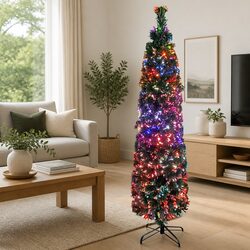 Artificial Slim Christmas Tree 240cm Fibre Optic Lighting Stand Black Festive