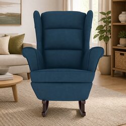 Wingback Rocking Chair Blue Velvet Padded Upholstery Solid Wood Legs Armchair