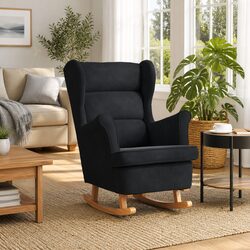 Rocking Chair Wingback Black Velvet Upholstered Armchair with Solid Wood Legs