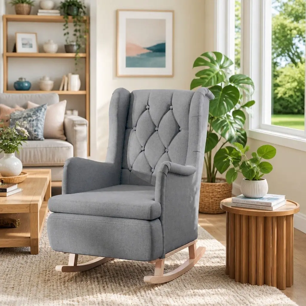 Armchair Rocking Legs Grey Fabric Padded Foam Upholstered