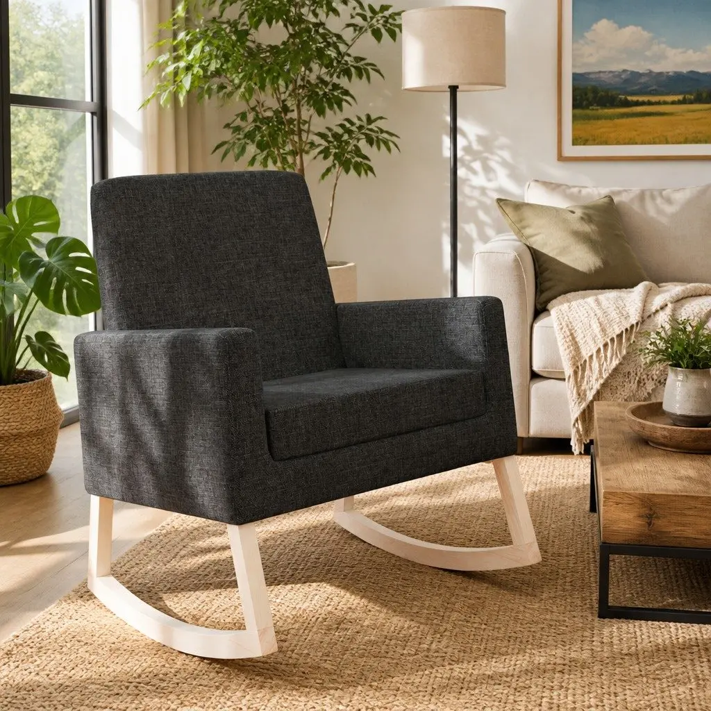 Rocking Chair Fabric Upholstered Armrest Black