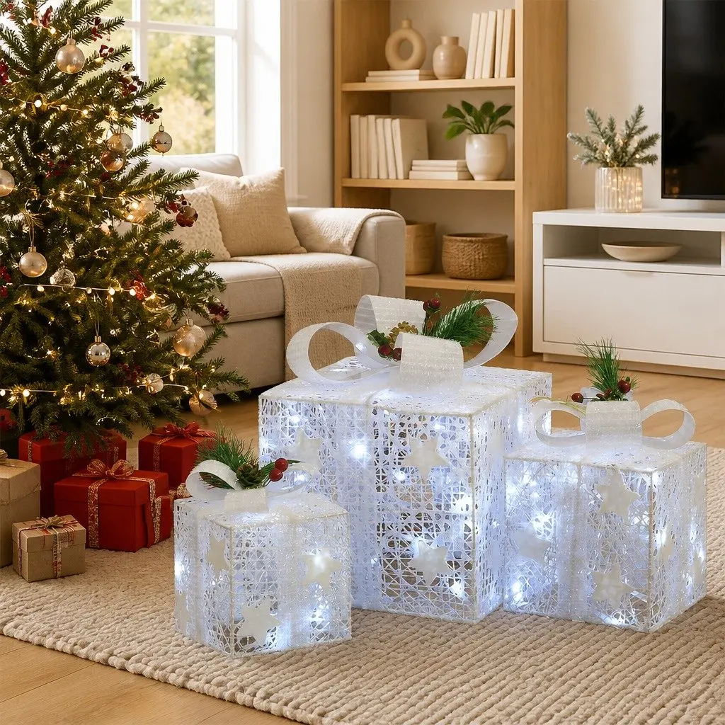 Decorative Gift Boxes with LED Lights 3 Piece White Indoor Outdoor 8 Effects