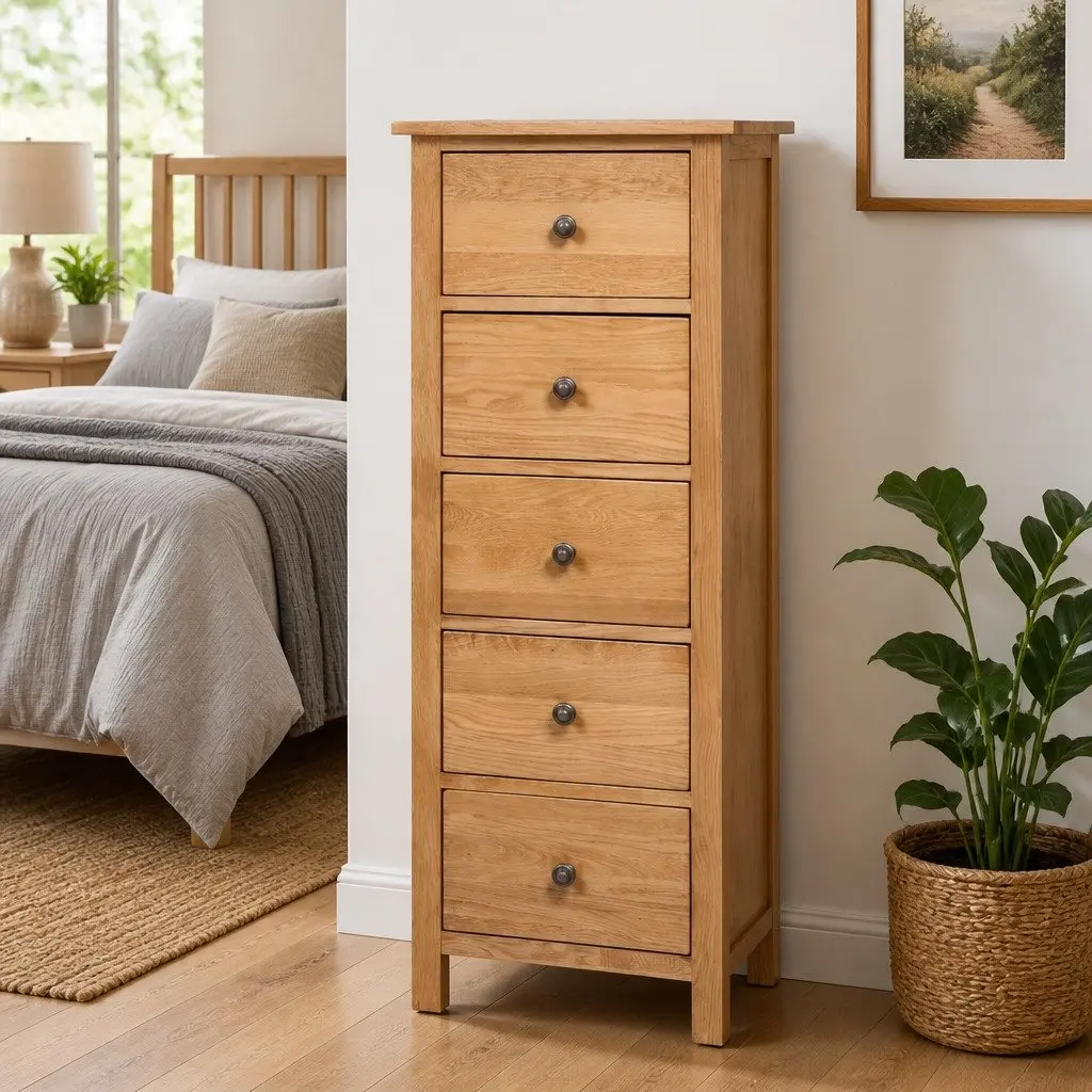Tall Chest of Drawers Solid Oak Wood 45x32x110 cm 5 Drawer Storage Cabinet