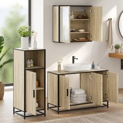 Bathroom Furniture Set 3 Piece Brown Engineered Wood Vanity Cabinet Mirror