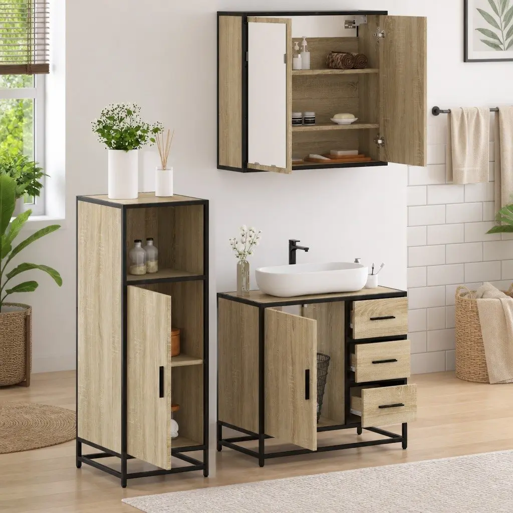 Bathroom Furniture Set 3 Piece Vanity Cabinet Mirror Storage Engineered Wood