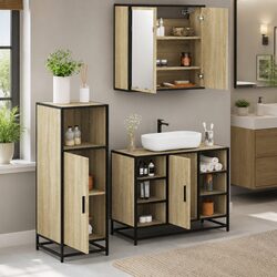 Bathroom Furniture Set 3 Piece Brown Vanity Cabinet Mirror Storage Unit