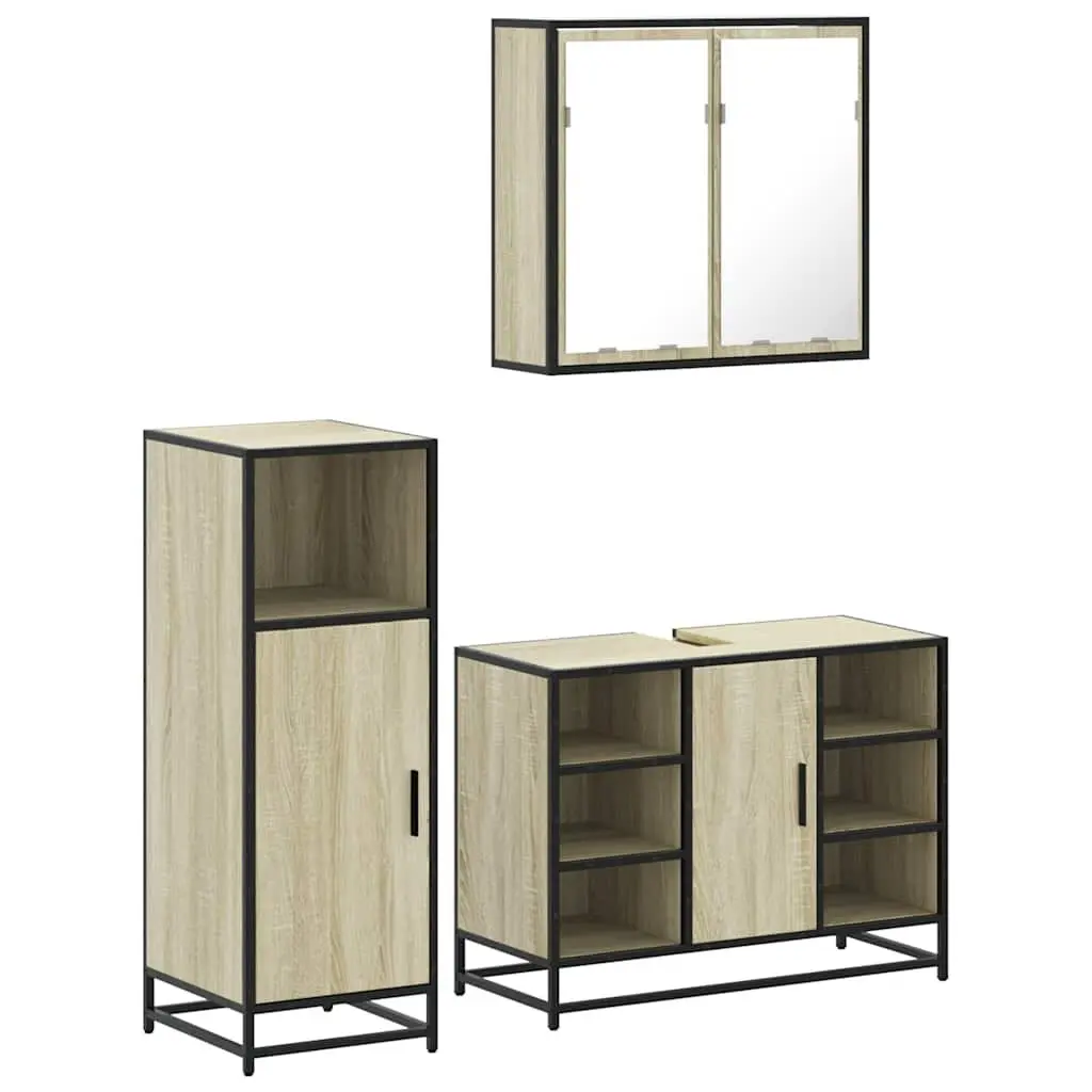 Bathroom Furniture Set 3 Piece Engineered Wood Brown Vanity Cabinet Mirror Storage Unit