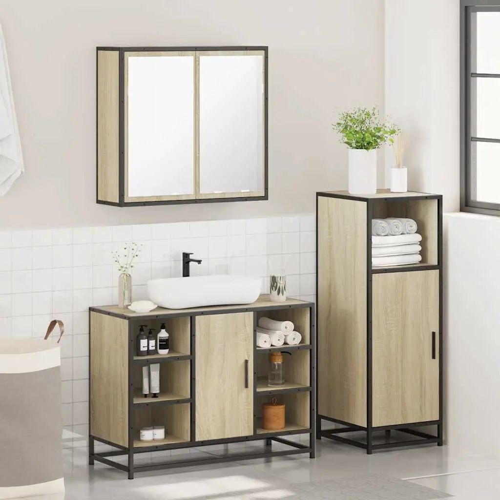 Bathroom Furniture Set 3 Piece Engineered Wood Brown Vanity Cabinet Mirror Storage Unit