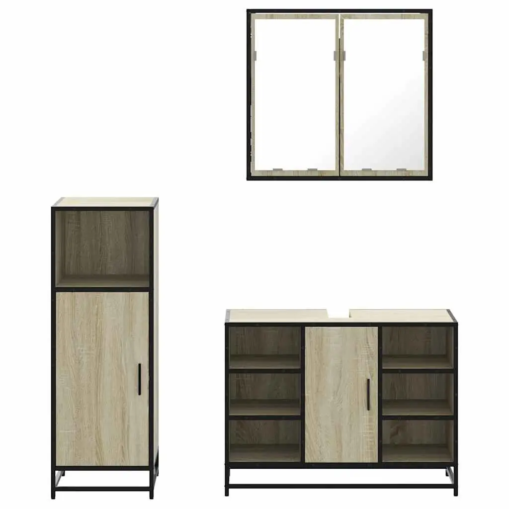 Bathroom Furniture Set 3 Piece Engineered Wood Brown Vanity Cabinet Mirror Storage Unit