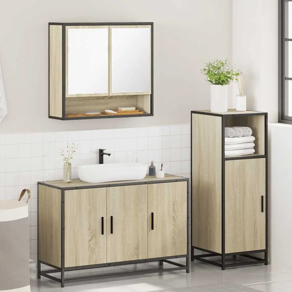 Bathroom Furniture Set 3 Piece Vanity Cabinet Mirror Sonoma Oak Brown