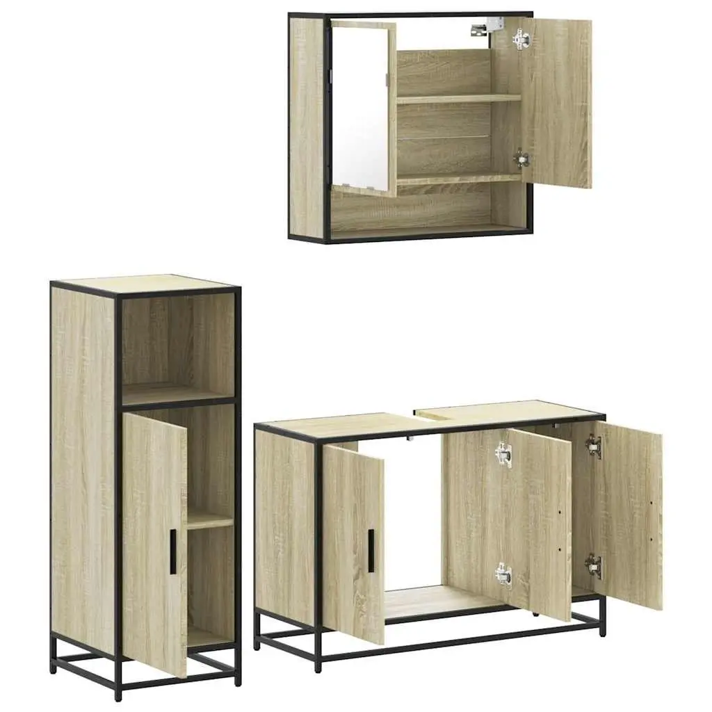 Bathroom Furniture Set 3 Piece Vanity Cabinet Mirror Sonoma Oak Brown