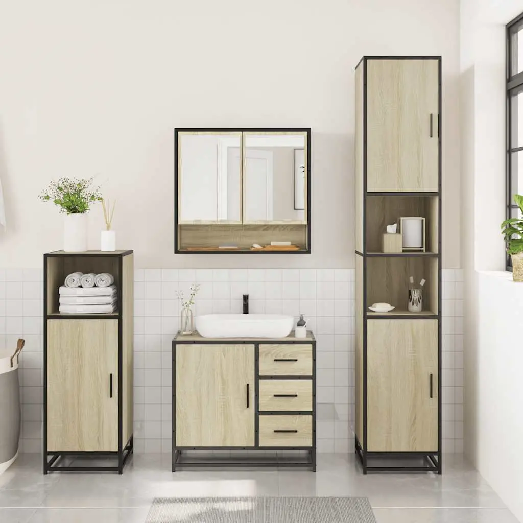 Bathroom Furniture Set 3 Piece Engineered Wood Brown Vanity Cabinet Mirror Storage