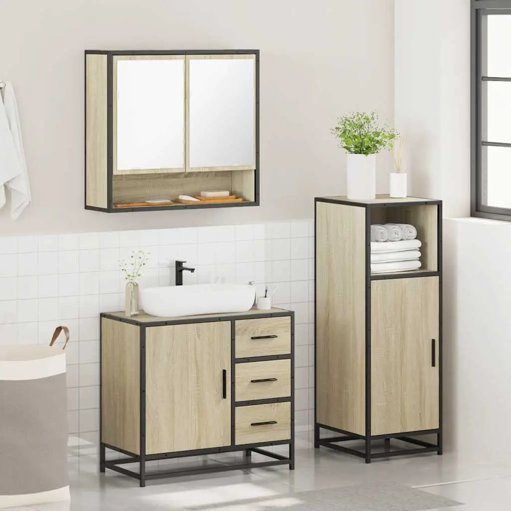 Bathroom Furniture Set 3 Piece Engineered Wood Brown Vanity Cabinet Mirror Storage