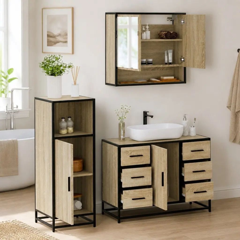 Bathroom Furniture Set 3 Piece Brown Engineered Wood Vanity Cabinet Mirror