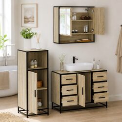 Bathroom Furniture Set 3 Piece Brown Engineered Wood Vanity Cabinet Mirror