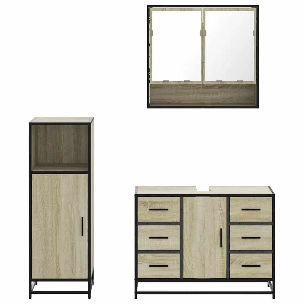 Bathroom Furniture Set Engineered Wood Vanity Cabinet Mirror 3 Piece Brown