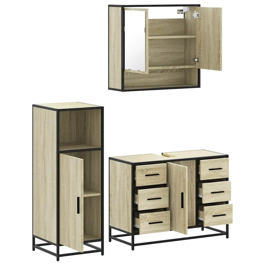 Bathroom Furniture Set Engineered Wood Vanity Cabinet Mirror 3 Piece Brown