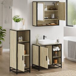 Bathroom Furniture Set 3 Piece Brown Vanity Cabinet Mirror Storage Engineered